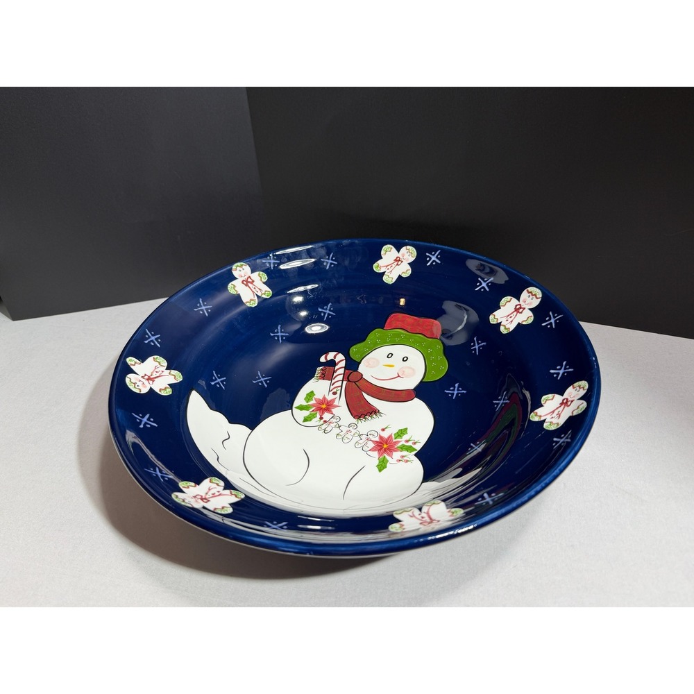 The Cellar Christmas Twilight Laurie Gates Snowman Serving Bowl Blue 2002